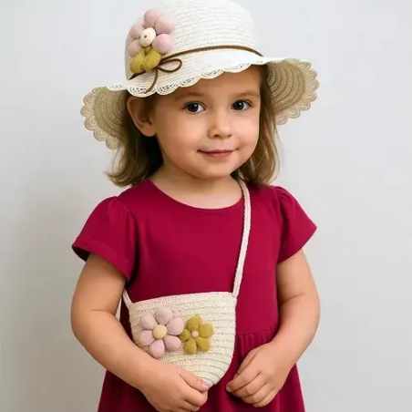 Toptan Çanta | Toptan Çiçek Figürlü Kız Çocuk Şapka ve Çanta Seti