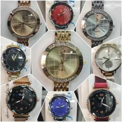 Toptan lux bayan saati – taşlı kadranlı, parlak metal kordonlu Quartz saat