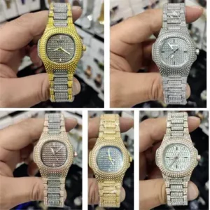 Toptan taş işlemeli bayan çelik saat